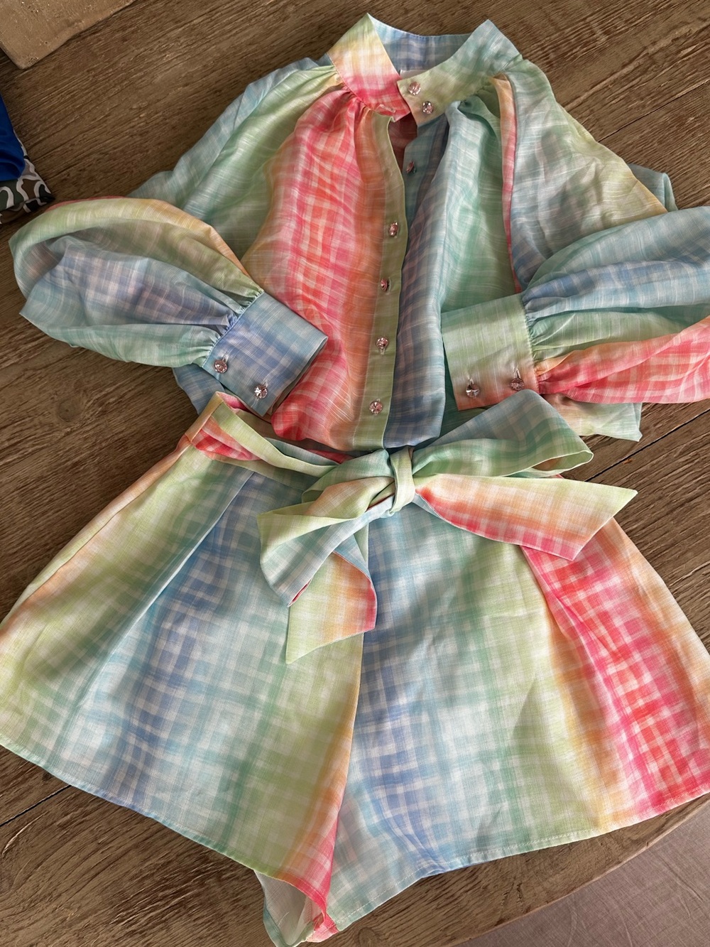 Pastel Rainbow Plaid Two-Piece Shorts Set with Waist Tie